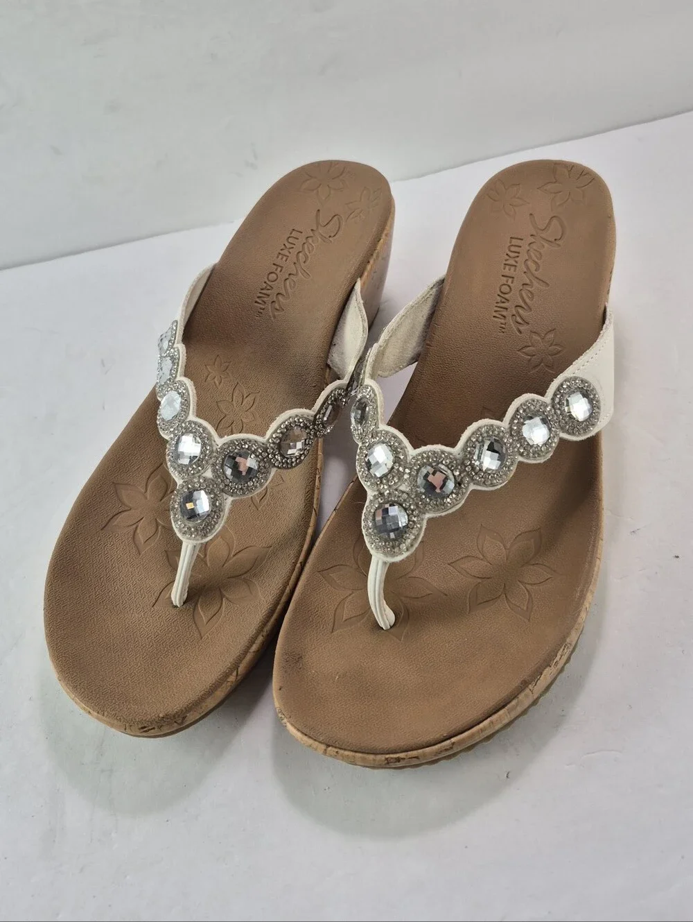 Skechers Cali Beverlee Bizzy Babe Rhinestone Cork Wedge Sandals White Size 7